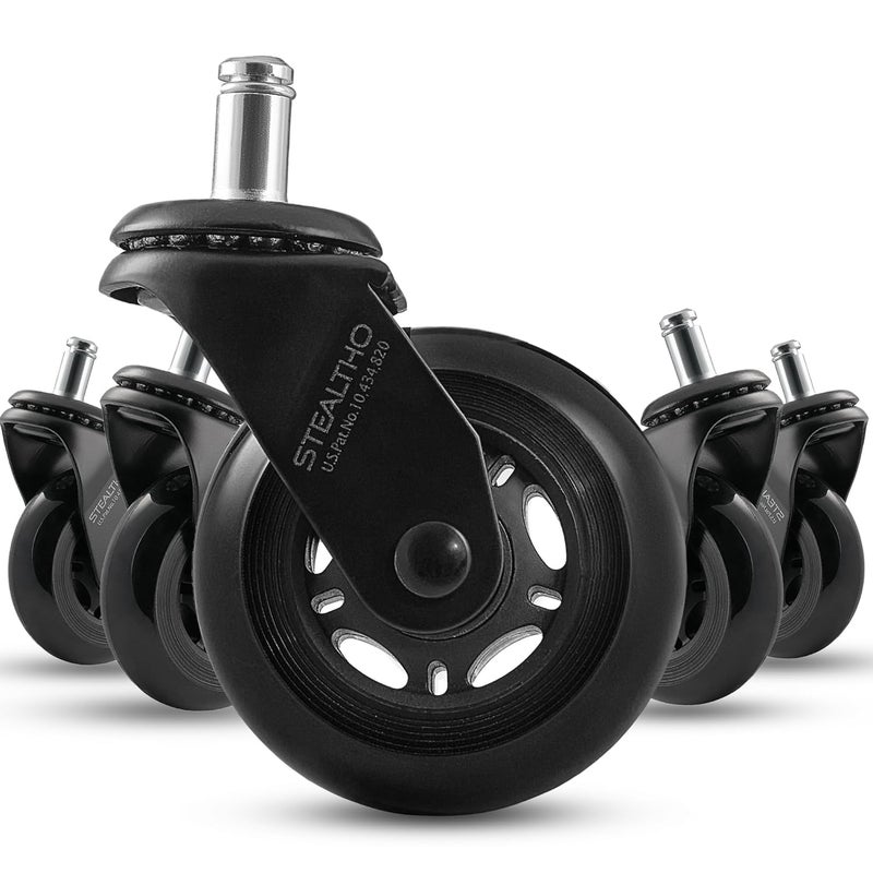 STEALTHO Original Office Chair Wheels Set of 5 - Protect Hardwood Floor & Carpet - Heavy Duty Replacement Casters - Black Soft Polyurethane - Standard Fit 7/16" x 7/8" - Image 1