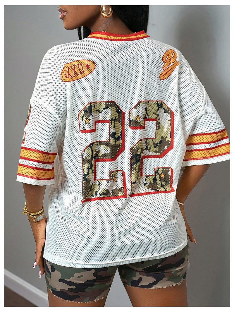 MakeMeChic Women's Football Jersey Shirts Soccer Jersey Number Oversized Y2K Tee Tops White Orange Medium - Image 2