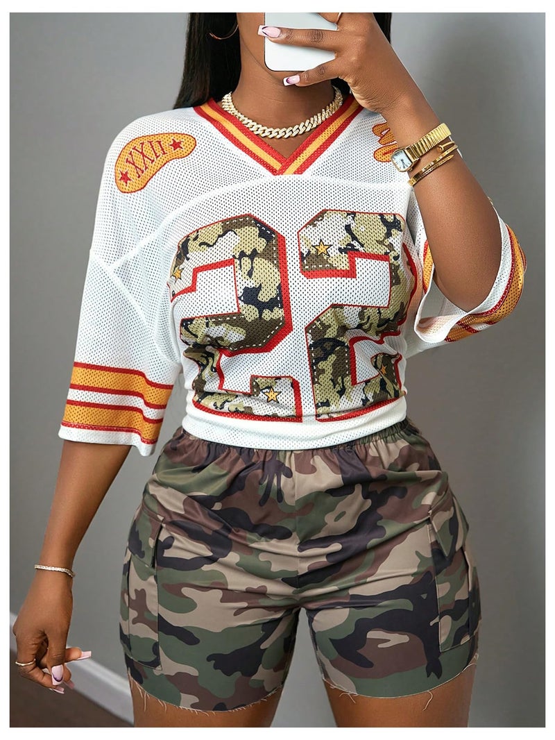 MakeMeChic Women's Football Jersey Shirts Soccer Jersey Number Oversized Y2K Tee Tops White Orange Medium - Image 4