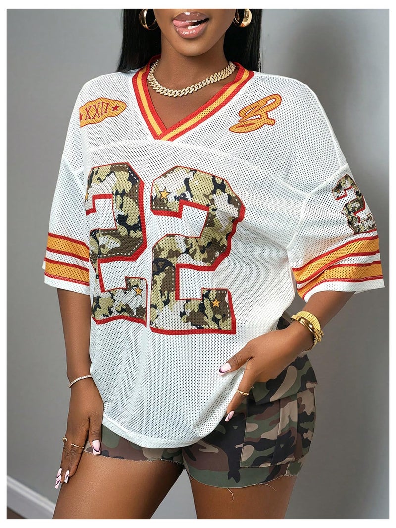 MakeMeChic Women's Football Jersey Shirts Soccer Jersey Number Oversized Y2K Tee Tops White Orange Medium - Image 5
