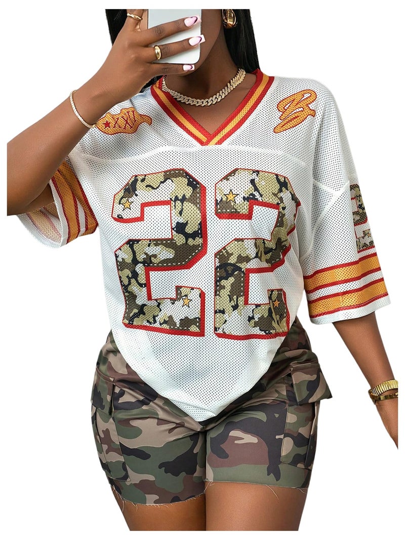MakeMeChic Women's Football Jersey Shirts Soccer Jersey Number Oversized Y2K Tee Tops White Orange Medium - Image 1