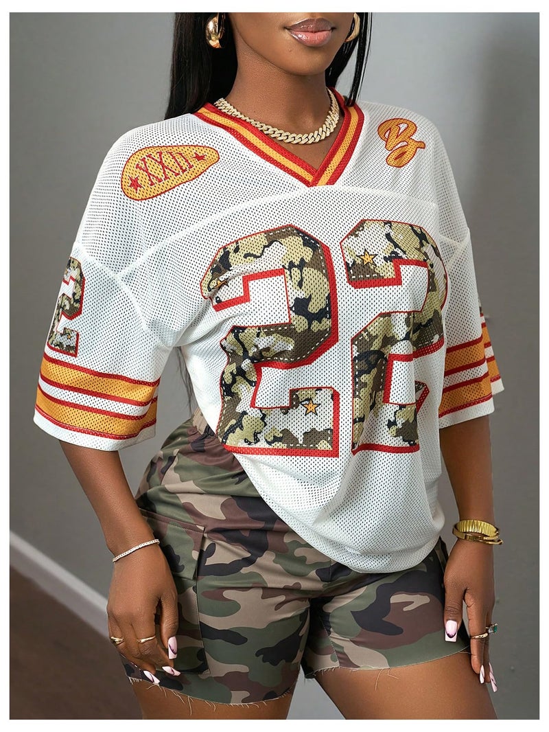MakeMeChic Women's Football Jersey Shirts Soccer Jersey Number Oversized Y2K Tee Tops White Orange Medium - Image 3