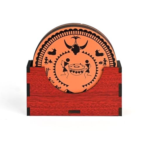 Gift Kya De GKD Coaster Set of 6 Bastar Art Wooden Coasters with Proper Coaster Stand Tribal Art Home Decor Coaster Set fit for Tea Cups, Coffee Mugs and Glasses (3.5 X 3.5 Inch) (Bastar Art) - Image 4