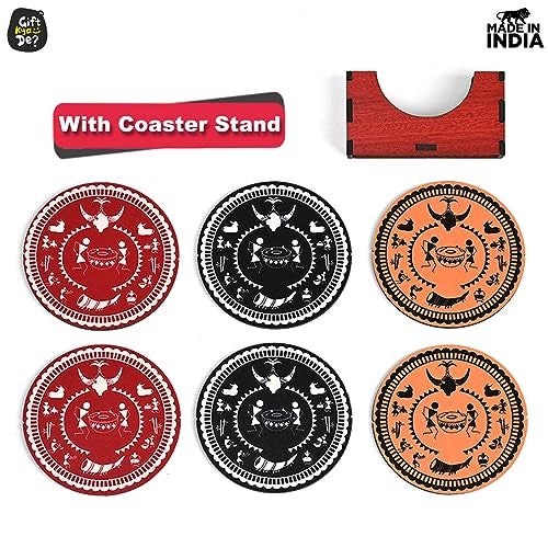 Gift Kya De GKD Coaster Set of 6 Bastar Art Wooden Coasters with Proper Coaster Stand Tribal Art Home Decor Coaster Set fit for Tea Cups, Coffee Mugs and Glasses (3.5 X 3.5 Inch) (Bastar Art) - Image 2