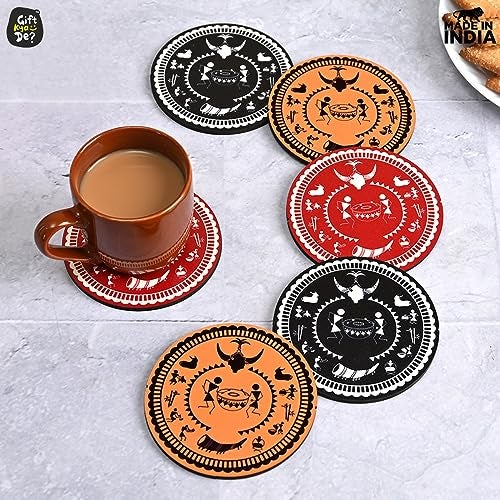 Gift Kya De GKD Coaster Set of 6 Bastar Art Wooden Coasters with Proper Coaster Stand Tribal Art Home Decor Coaster Set fit for Tea Cups, Coffee Mugs and Glasses (3.5 X 3.5 Inch) (Bastar Art) - Image 3