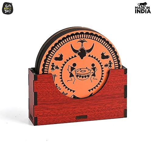 Gift Kya De GKD Coaster Set of 6 Bastar Art Wooden Coasters with Proper Coaster Stand Tribal Art Home Decor Coaster Set fit for Tea Cups, Coffee Mugs and Glasses (3.5 X 3.5 Inch) (Bastar Art) - Image 5