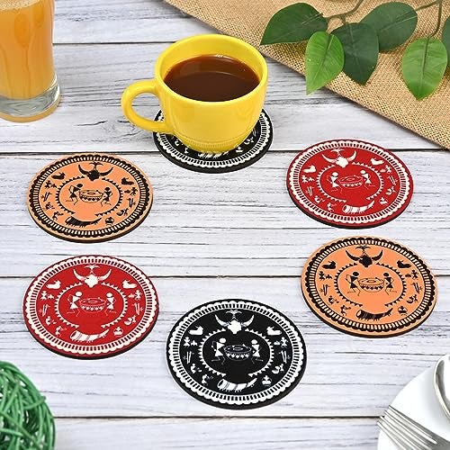 Gift Kya De GKD Coaster Set of 6 Bastar Art Wooden Coasters with Proper Coaster Stand Tribal Art Home Decor Coaster Set fit for Tea Cups, Coffee Mugs and Glasses (3.5 X 3.5 Inch) (Bastar Art) - Image 1