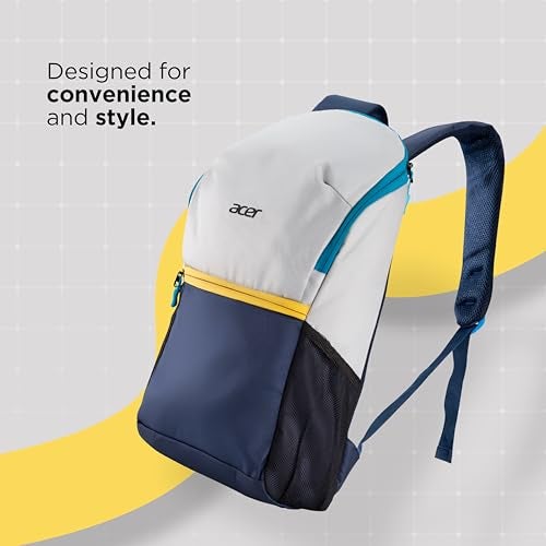 Acer Pulse Lightweight Rich Polyster PU Coated Water-Resistant Backpack, Padded Laptop Sleeve fits up to 15.6 inch, Front Pocket, 2 Side Bottle mesh, Cushioned Straps, Trendy Silver & Navy Blue Color - Image 2
