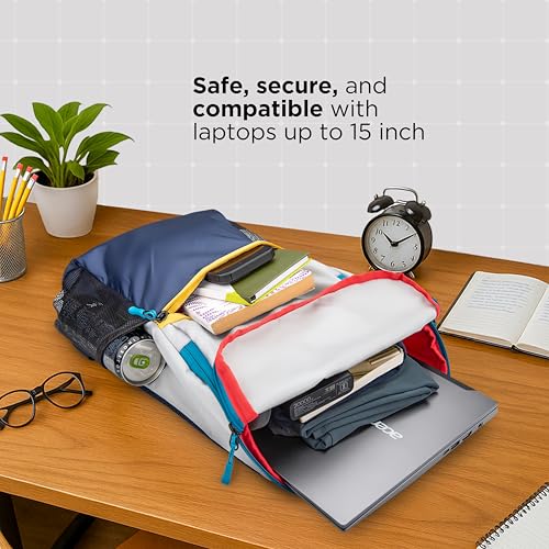 Acer Pulse Lightweight Rich Polyster PU Coated Water-Resistant Backpack, Padded Laptop Sleeve fits up to 15.6 inch, Front Pocket, 2 Side Bottle mesh, Cushioned Straps, Trendy Silver & Navy Blue Color - Image 4