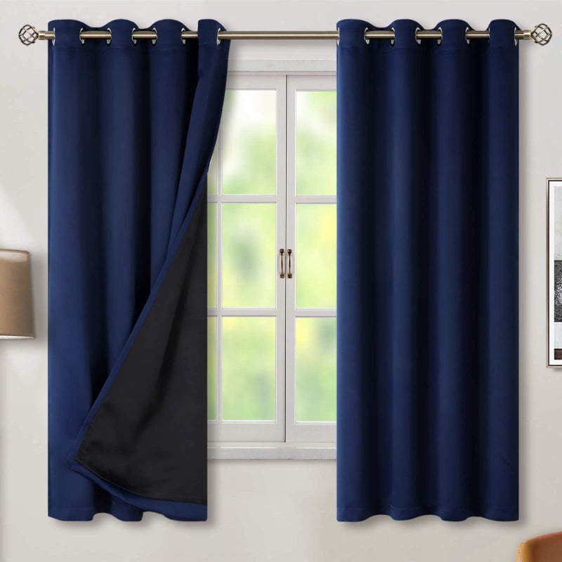 BGment Thermal Insulated 100 Blackout Curtains for Bedroom with Black Liner Double Layer Full Room Darkening Noise Reducing Grommet Curtain 52 x 63 Inch Navy Blue 2 Panels