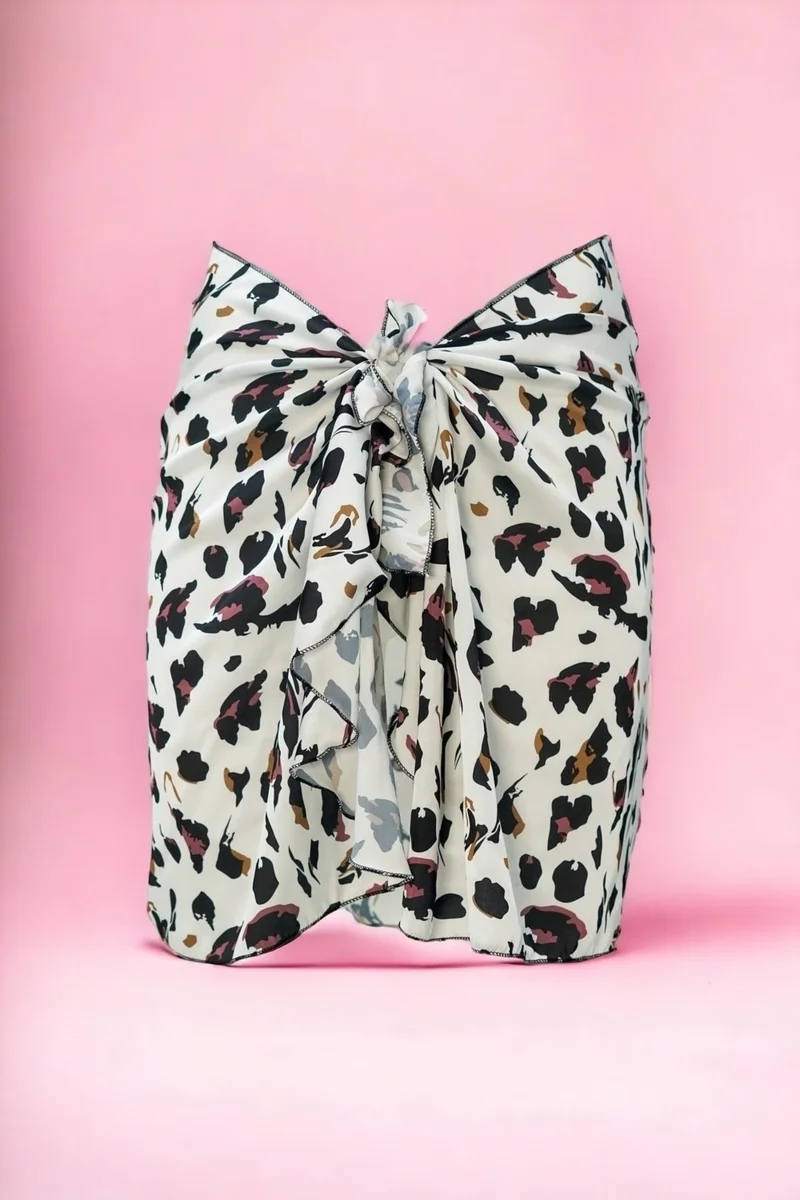 بيستور White Brown Leopard Patterned Short Pareo Satin Women's Beach Dress New Season