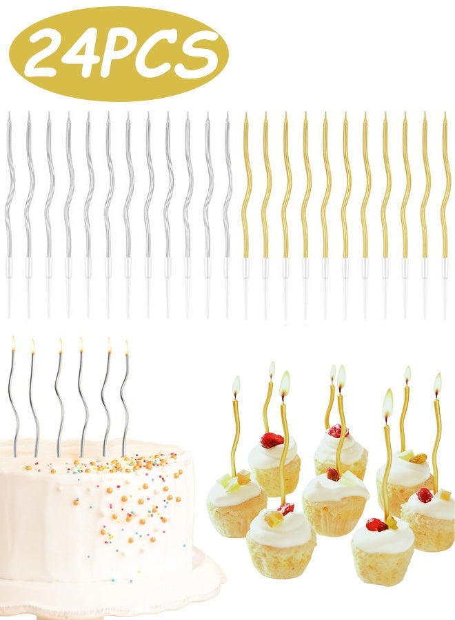 24 قطعة شموع عيد ميلاد منحنية طويلة الأمد آمنة وغير سامة تضيف بريقًا أنيقًا بتصميم ملتوي لأعياد الميلاد وعيد الفطر والتجمعات العائلية والتصوير الفوتوغرافي، ذهبية وفضية - Image 1