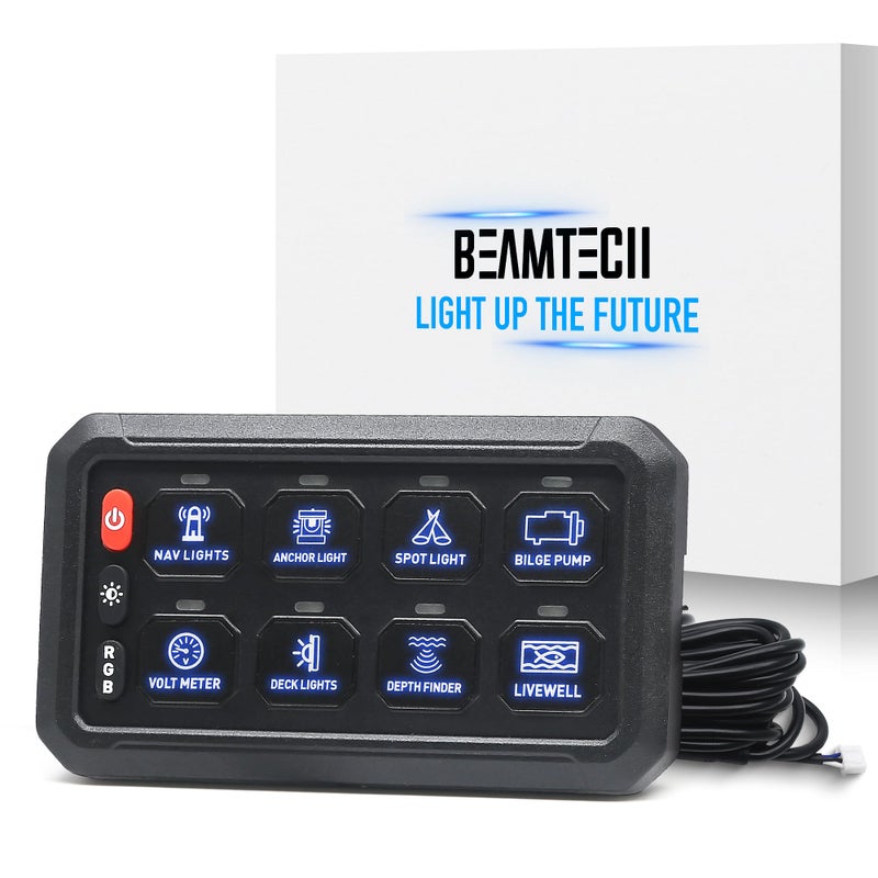 BEAMTECH لوحة مفاتيح BEAMTECH 8 Gang، مفتاح متعدد الوظائف RGB، نظام تحكم في الدائرة النبضية المؤقتة، صندوق ريلاي مساعد، مفتاح تحكم باللمس، وحدة تحكم إضاءة LED للسيارات ATV UTV الشاحنات الفان - Image 1