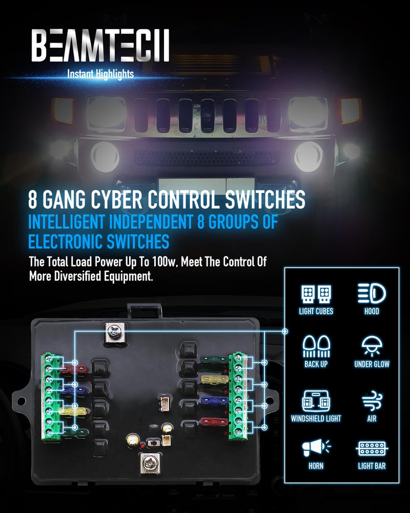 BEAMTECH لوحة مفاتيح BEAMTECH 8 Gang، مفتاح متعدد الوظائف RGB، نظام تحكم في الدائرة النبضية المؤقتة، صندوق ريلاي مساعد، مفتاح تحكم باللمس، وحدة تحكم إضاءة LED للسيارات ATV UTV الشاحنات الفان - Image 3