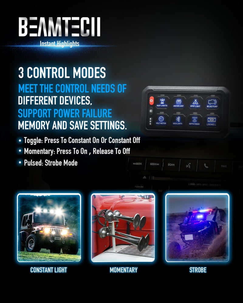 BEAMTECH لوحة مفاتيح BEAMTECH 8 Gang، مفتاح متعدد الوظائف RGB، نظام تحكم في الدائرة النبضية المؤقتة، صندوق ريلاي مساعد، مفتاح تحكم باللمس، وحدة تحكم إضاءة LED للسيارات ATV UTV الشاحنات الفان - Image 2