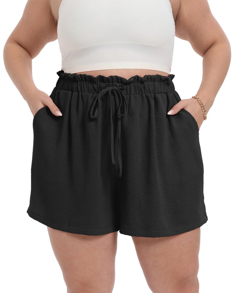 OLRIK Plus Size Black Shorts 2026 Summer Casual Ruffle Belted Waist Lightweight Adjustable Tie Knot Loose with Pockets Black-1X - Image 4