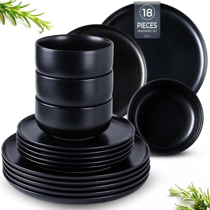 LERATIO Stoneware Dinnerware Sets for 6Handcarft Ceramic Plates and Bowls SetsChip and Scratch Resistant Dishes Dishwasher  Microwave Safe Oven safeReactive GlazeBlack - Image 1