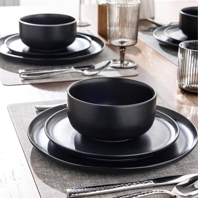 LERATIO Stoneware Dinnerware Sets for 6Handcarft Ceramic Plates and Bowls SetsChip and Scratch Resistant Dishes Dishwasher  Microwave Safe Oven safeReactive GlazeBlack - Image 5
