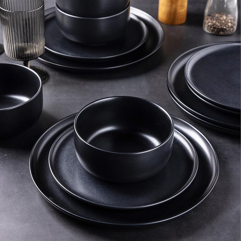 LERATIO Stoneware Dinnerware Sets for 6Handcarft Ceramic Plates and Bowls SetsChip and Scratch Resistant Dishes Dishwasher  Microwave Safe Oven safeReactive GlazeBlack - Image 4