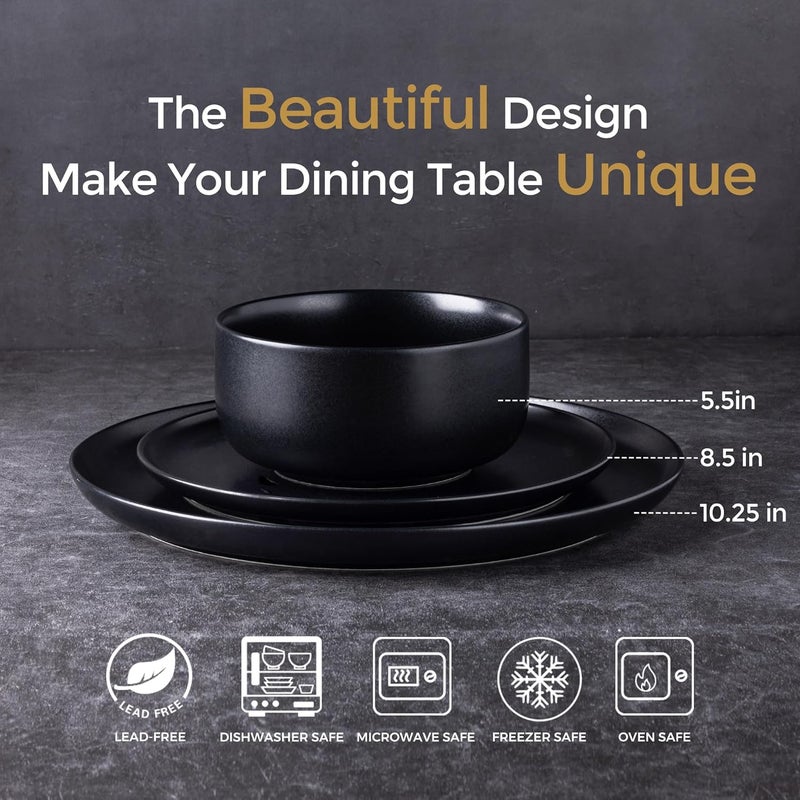 LERATIO Stoneware Dinnerware Sets for 6Handcarft Ceramic Plates and Bowls SetsChip and Scratch Resistant Dishes Dishwasher  Microwave Safe Oven safeReactive GlazeBlack - Image 2