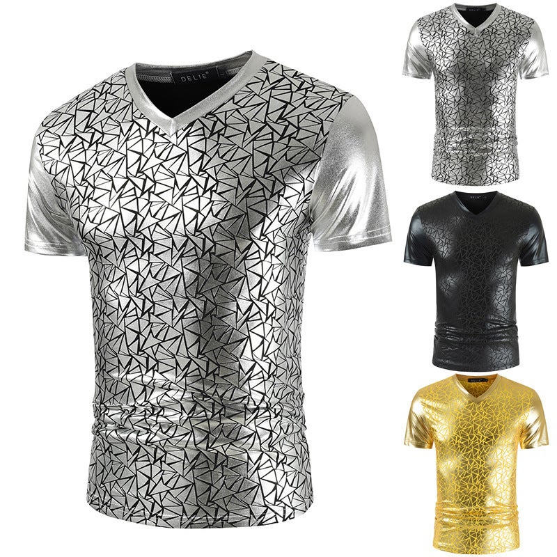 2025 New Foreign Trade Products, Summer New Arrivals, Cross-Border V-Neck Short-Sleeve T-Shirt, Trendy Men's Glossy Nightclub Style T-Shirt Et03 in Stock - Image 2