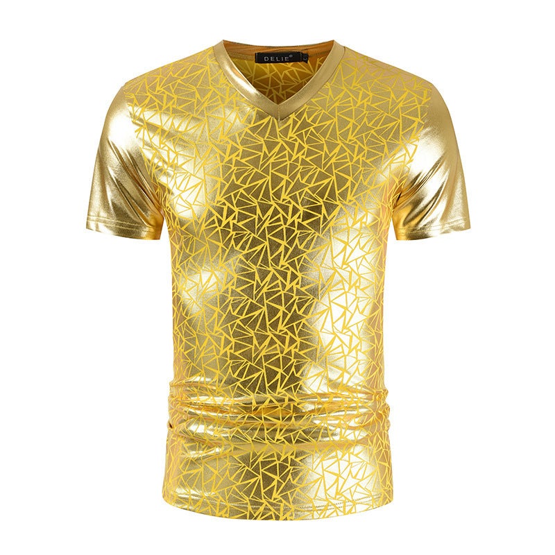 2025 New Foreign Trade Products, Summer New Arrivals, Cross-Border V-Neck Short-Sleeve T-Shirt, Trendy Men's Glossy Nightclub Style T-Shirt Et03 in Stock - Image 3