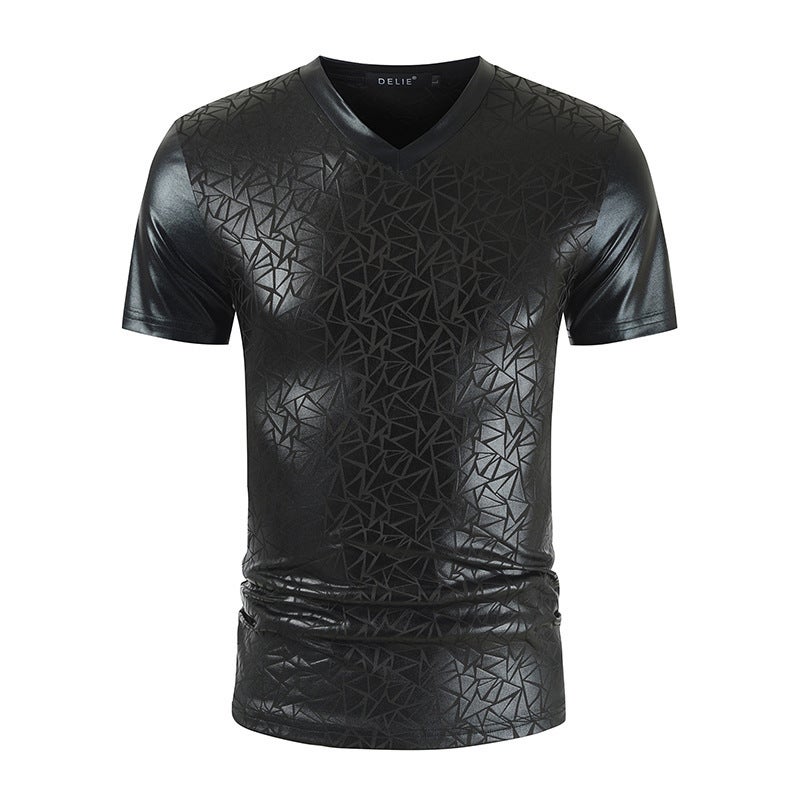2025 New Foreign Trade Products, Summer New Arrivals, Cross-Border V-Neck Short-Sleeve T-Shirt, Trendy Men's Glossy Nightclub Style T-Shirt Et03 in Stock - Image 1