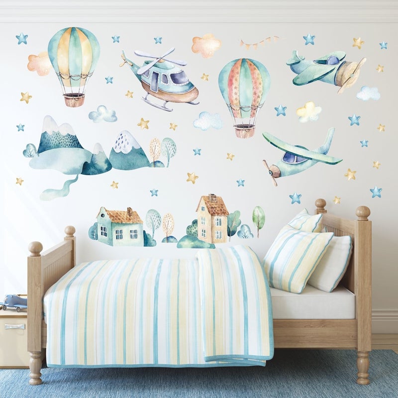 Sticker Ekspres Sticker Express My World Airplane Helicopter Balloon Kids Room Wall Sticker Set  - Image 1