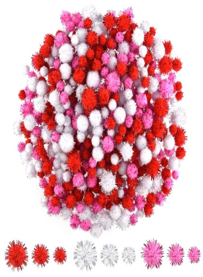 MIAHART 750 Pcs Valentines Crafts Pom Poms Glitter Fluffy Pom Poms for DIY Craft Making Valentine's Day Party Decorations, 3 Sizes 3 Colors - Image 1