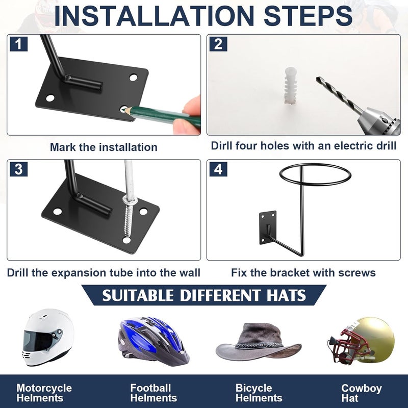 Potchen 6 Pack Helmet Holder Stand Display Rack - Metal Wall Mount Hanger for Helmets, Jackets, and Sports Gear - Image 4