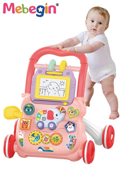 2 in 1 Baby Walker with Fun-filled Activity Panel, Multifunctional Push Along Walker with Drawing Board, Music Walker for Toddler, Early Educational Child Activity Center, Ideal Support for Babies' First Steps, 2 AAA Batteries(Not Included), 40*32*40.5cm