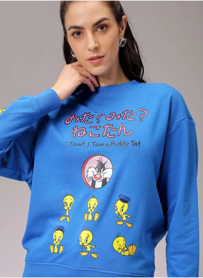 Freehand Women Boxy Blue Printed Crew Neck Long Sleeve Sweatshirt