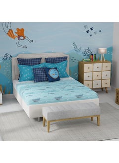 Trident Trident bedsheet Set - Juniors Bedsheet Collection, 100% Cotton, Bedsheet for Double Bed (1 Queen Size Bedsheet, 2 Pillow Covers & 2 Cushion Cover) Superior Softness, 144 TC-INTO The Blue  - Image 2