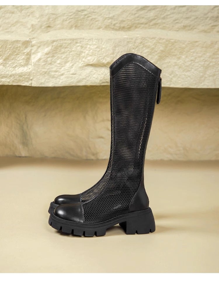 Womens thick-soled long hollow-out hidden-height boots casual shoes in stock spring new Roman sandals wholesale Black Inner height increasing