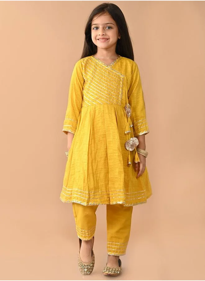 LILPICKS Yellow Kurta Set Straight Fit made from Cotton featuring Self Design design and Round Neck neckline - Perfect for Festive!