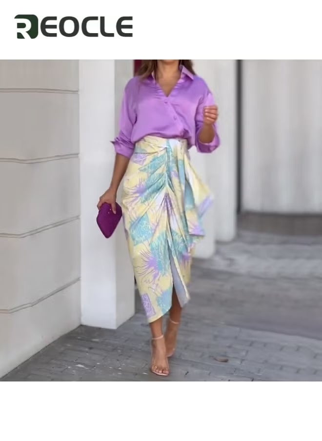 ريوكل طقم فستان نسائي مكون من قطعتين، تنورة ضيقة أنيقة مكشكشة وقميص فضفاض، تنورة عالية الخصر، تنانير مطبوعة، ملابس مناسبة، فساتين ميدي ضيقة - Image 2