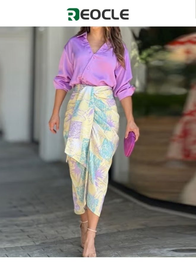 ريوكل طقم فستان نسائي مكون من قطعتين، تنورة ضيقة أنيقة مكشكشة وقميص فضفاض، تنورة عالية الخصر، تنانير مطبوعة، ملابس مناسبة، فساتين ميدي ضيقة - Image 1