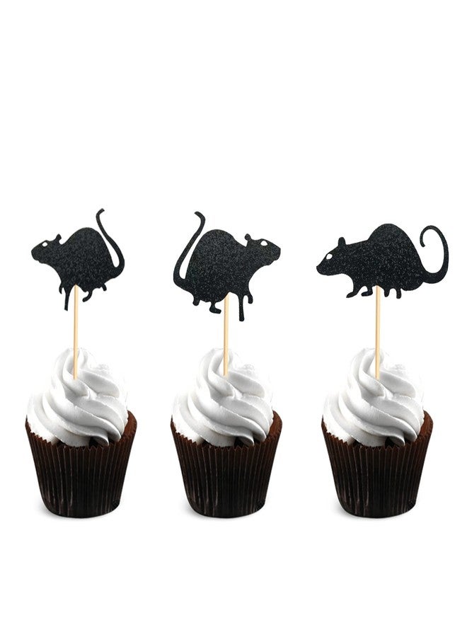 Arthsdite 48Pcs Rat Cupcake Toppers Black Glitter Halloween Mouse Theme Cupcake Picks for Kids Birthday Party Supply Decorations - Image 1