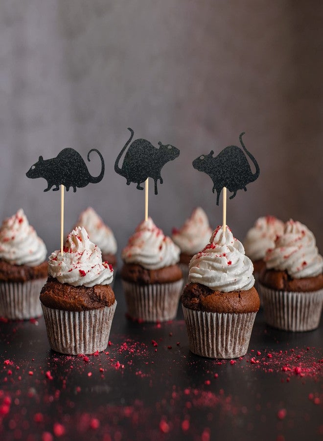 Arthsdite 48Pcs Rat Cupcake Toppers Black Glitter Halloween Mouse Theme Cupcake Picks for Kids Birthday Party Supply Decorations - Image 4