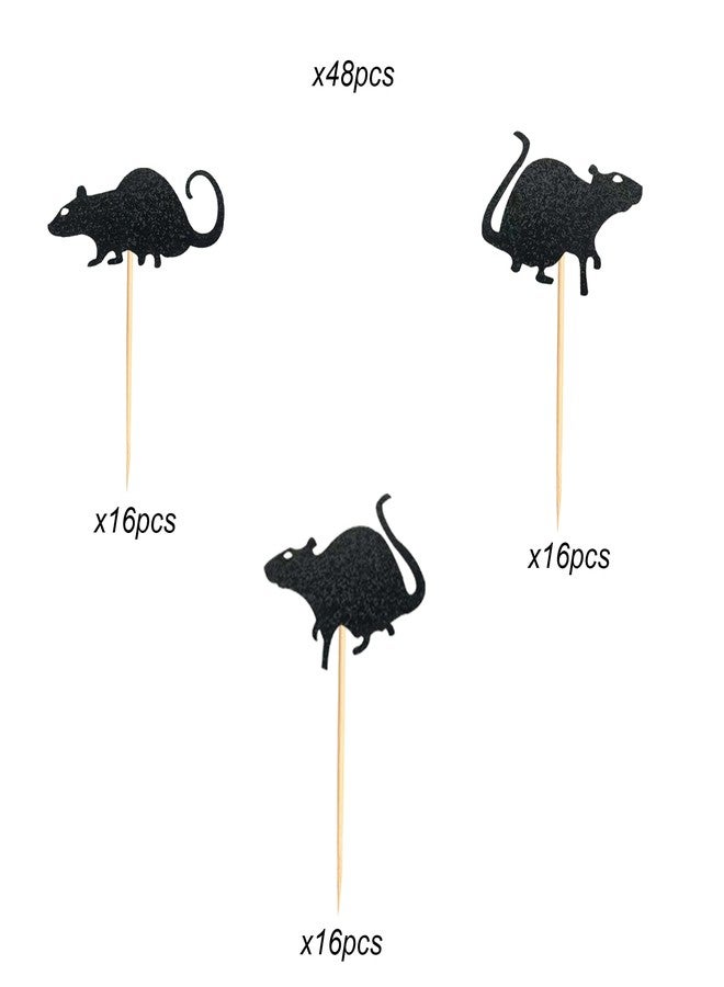 Arthsdite 48Pcs Rat Cupcake Toppers Black Glitter Halloween Mouse Theme Cupcake Picks for Kids Birthday Party Supply Decorations - Image 3