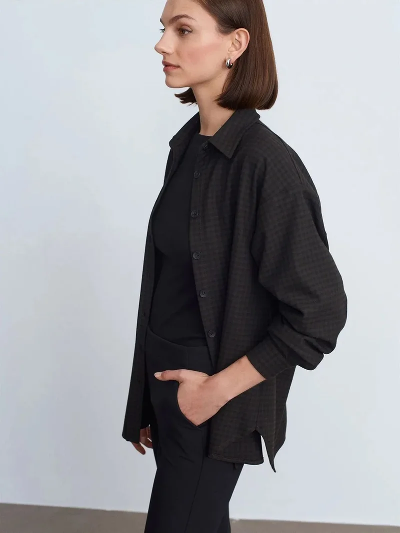 ديلفين Dilvin Oversized Long-sleeve Micro-pattern Shirt