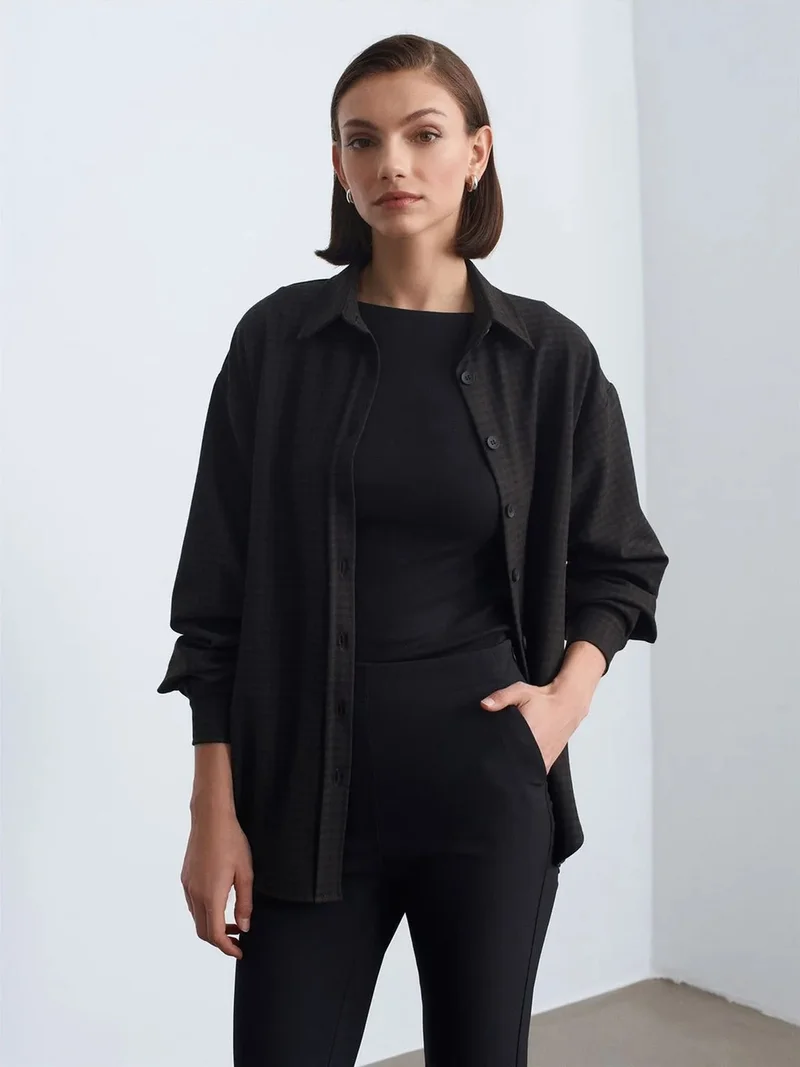 ديلفين Dilvin Oversized Long-sleeve Micro-pattern Shirt