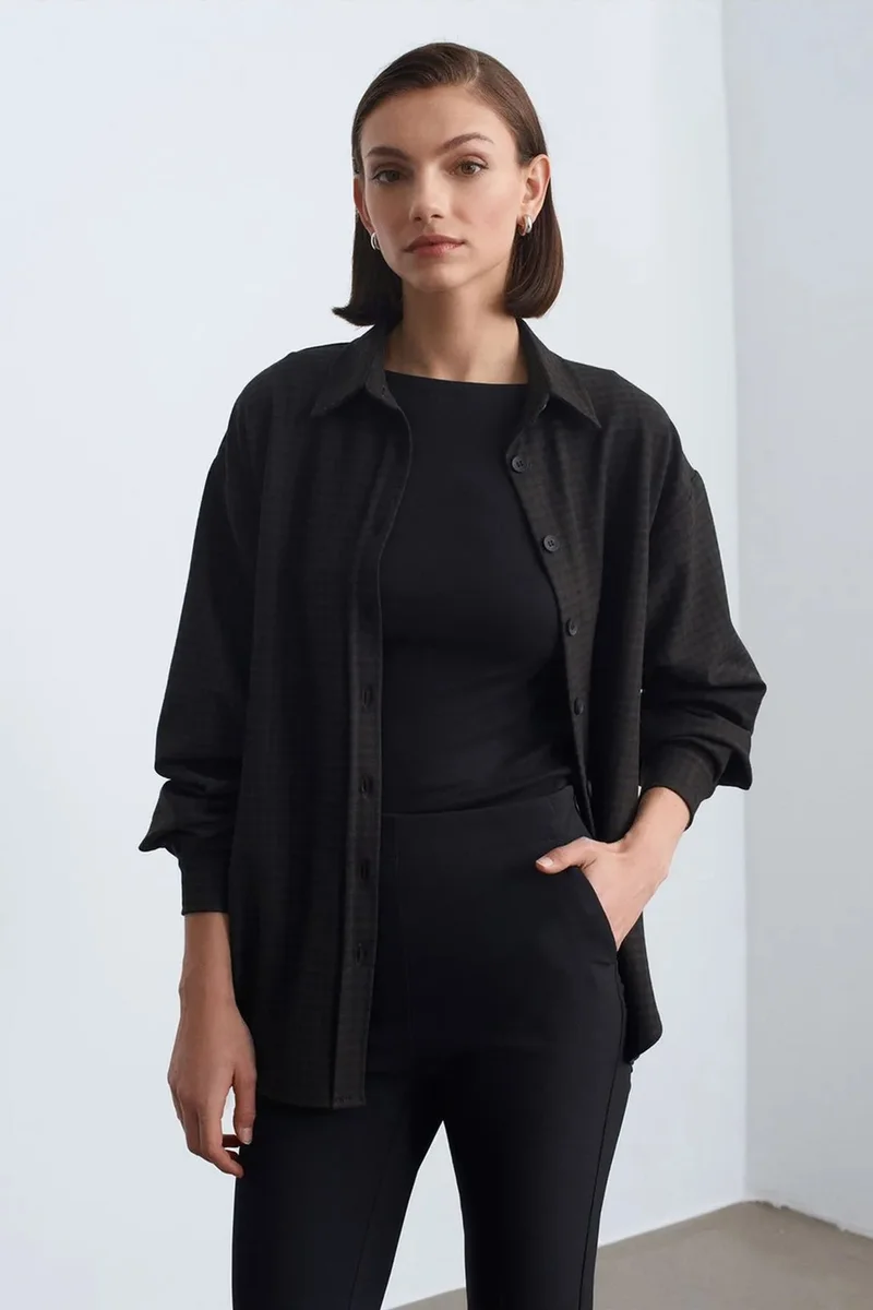 ديلفين DILVIN Oversized Long-sleeve Micro-pattern Shirt
