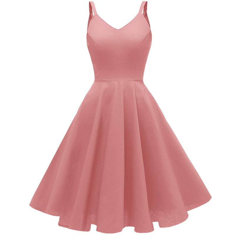 GOOBGS Women's 1950s Retro Vintage Spaghetti Strap Cocktail Swing Dresses with Pockets Blush XS - Image 1