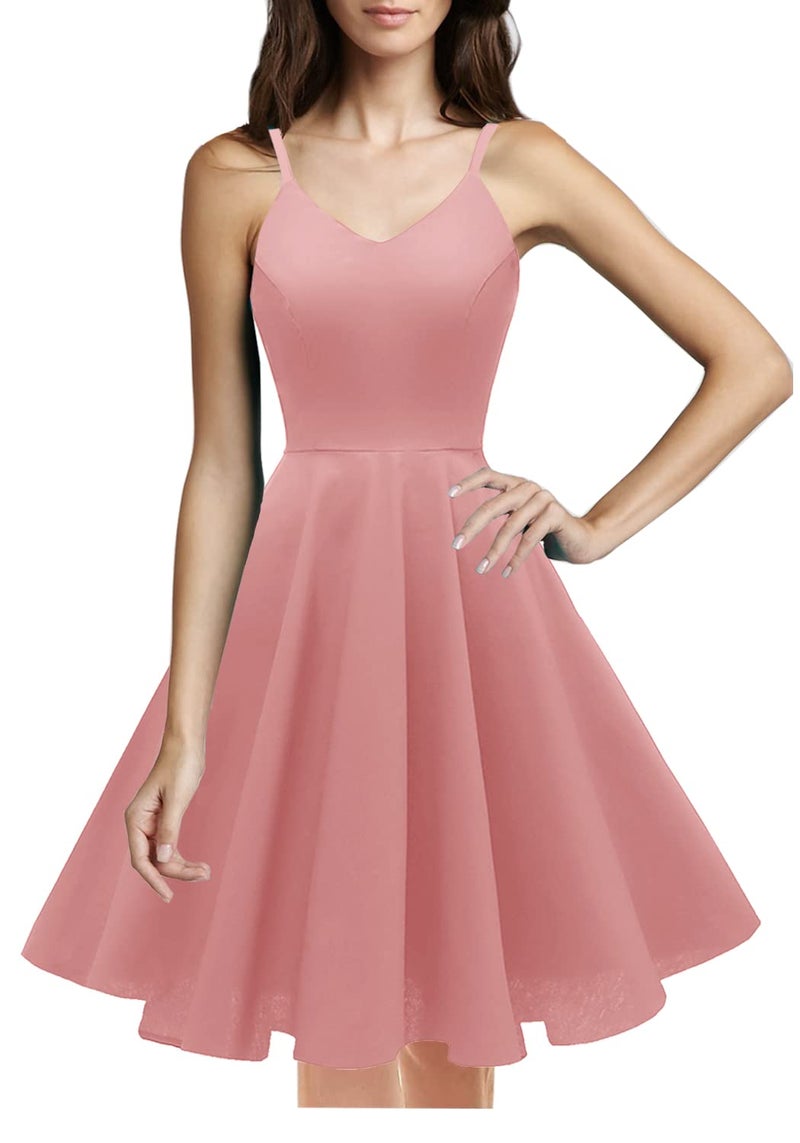 GOOBGS Women's 1950s Retro Vintage Spaghetti Strap Cocktail Swing Dresses with Pockets Blush XS - Image 2
