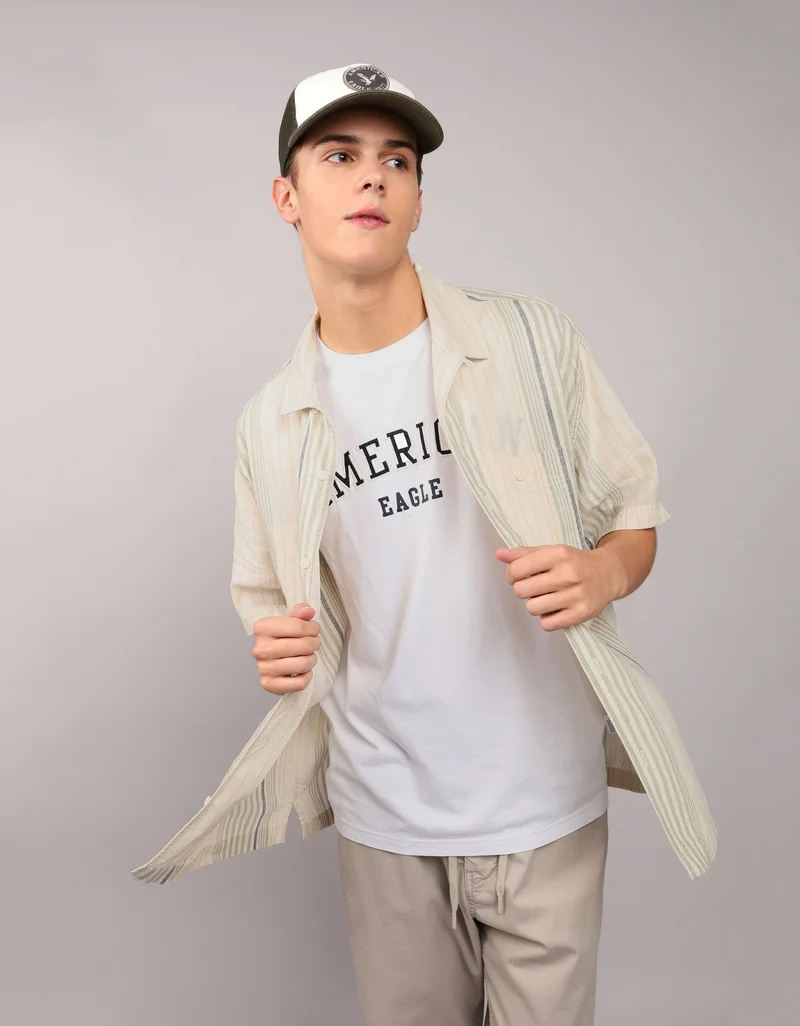American Eagle Linen-Blend Striped Button-Up Poolside Shirt