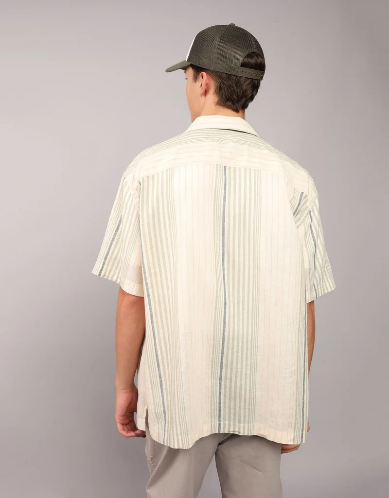 American Eagle Linen-Blend Striped Button-Up Poolside Shirt