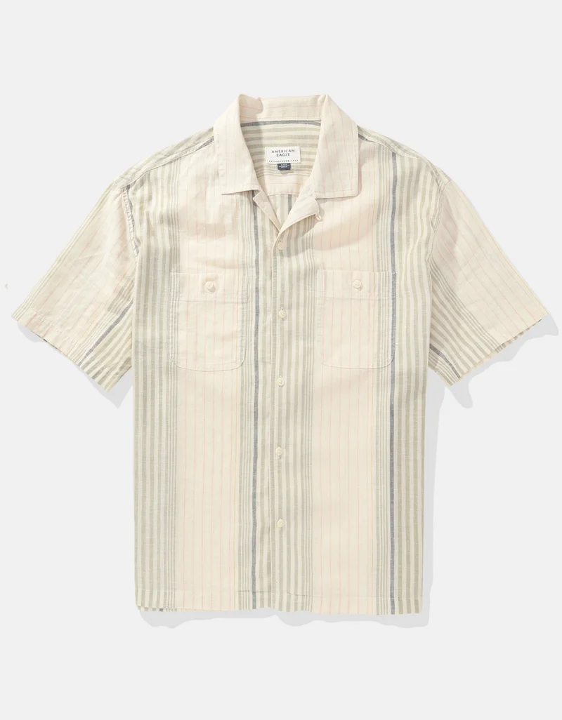 American Eagle Linen-Blend Striped Button-Up Poolside Shirt
