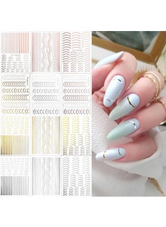 EBANKU EBANKU 12 Sheets Gold Silver Metal Nail Stickers, Metallic Curve Strip Line Nail Decal Self-Adhesive 3D Wave Design DIY Decoration for Women Girls 