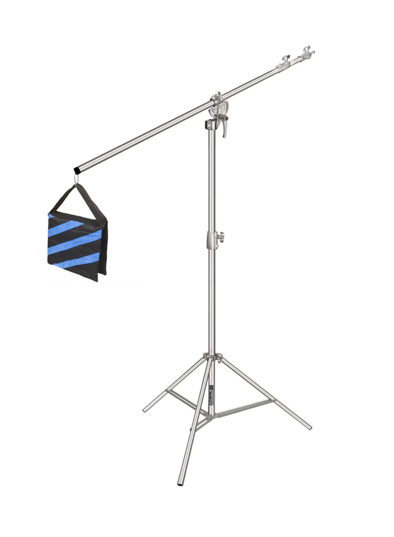 COOPIC L380 Stainless Silver Photo Studio Two way Light Stand Max Height 12.63 Feet and 3.9-7'' Adjustable Boom Arm Includes Blue Sandbag for Supporting Umbrella Softbox Flash for Portrait Video Light